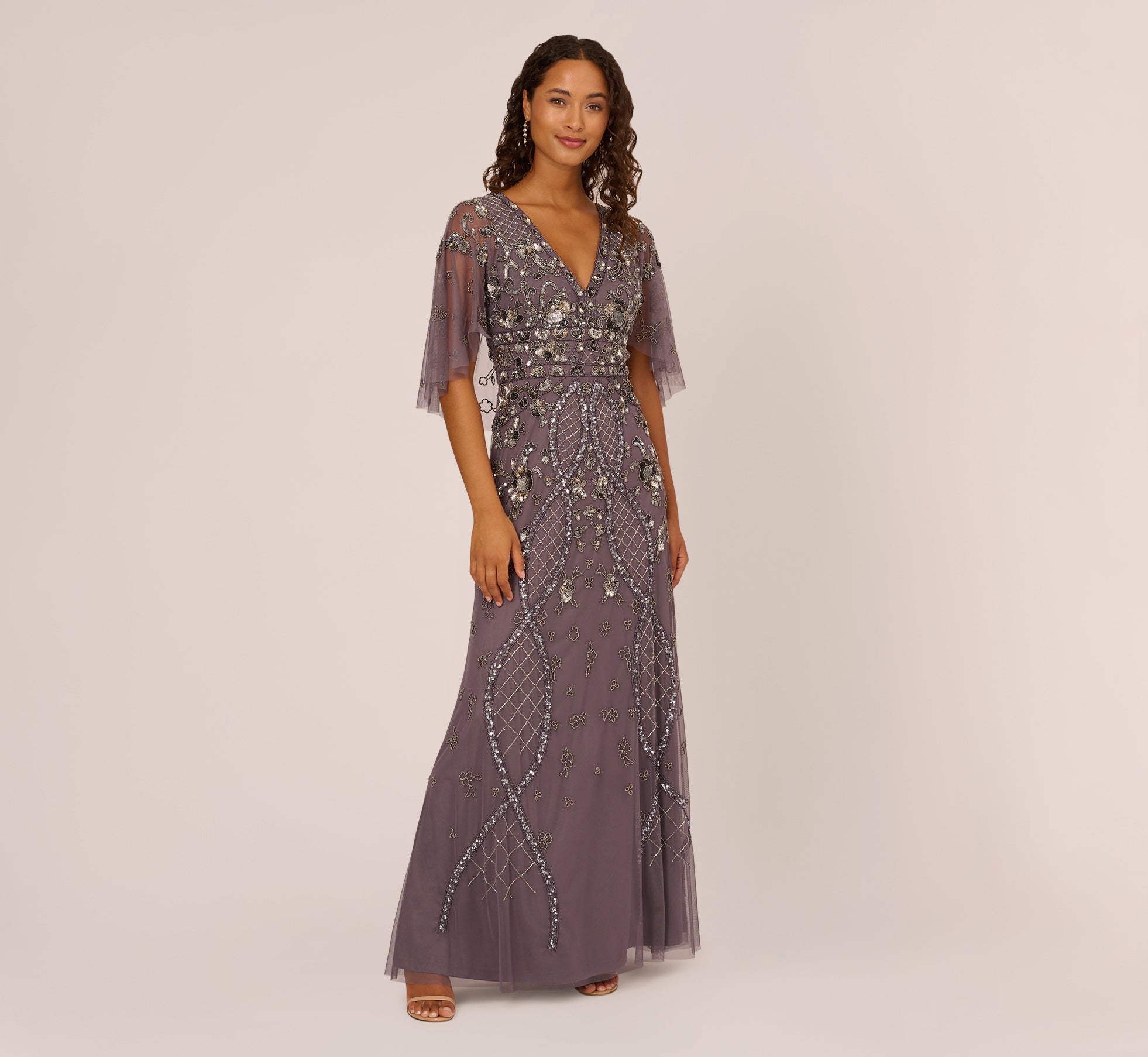 Sequin Beaded Gown With Sheer Cape Sleeves In Moonscape、mySite、solidvoid