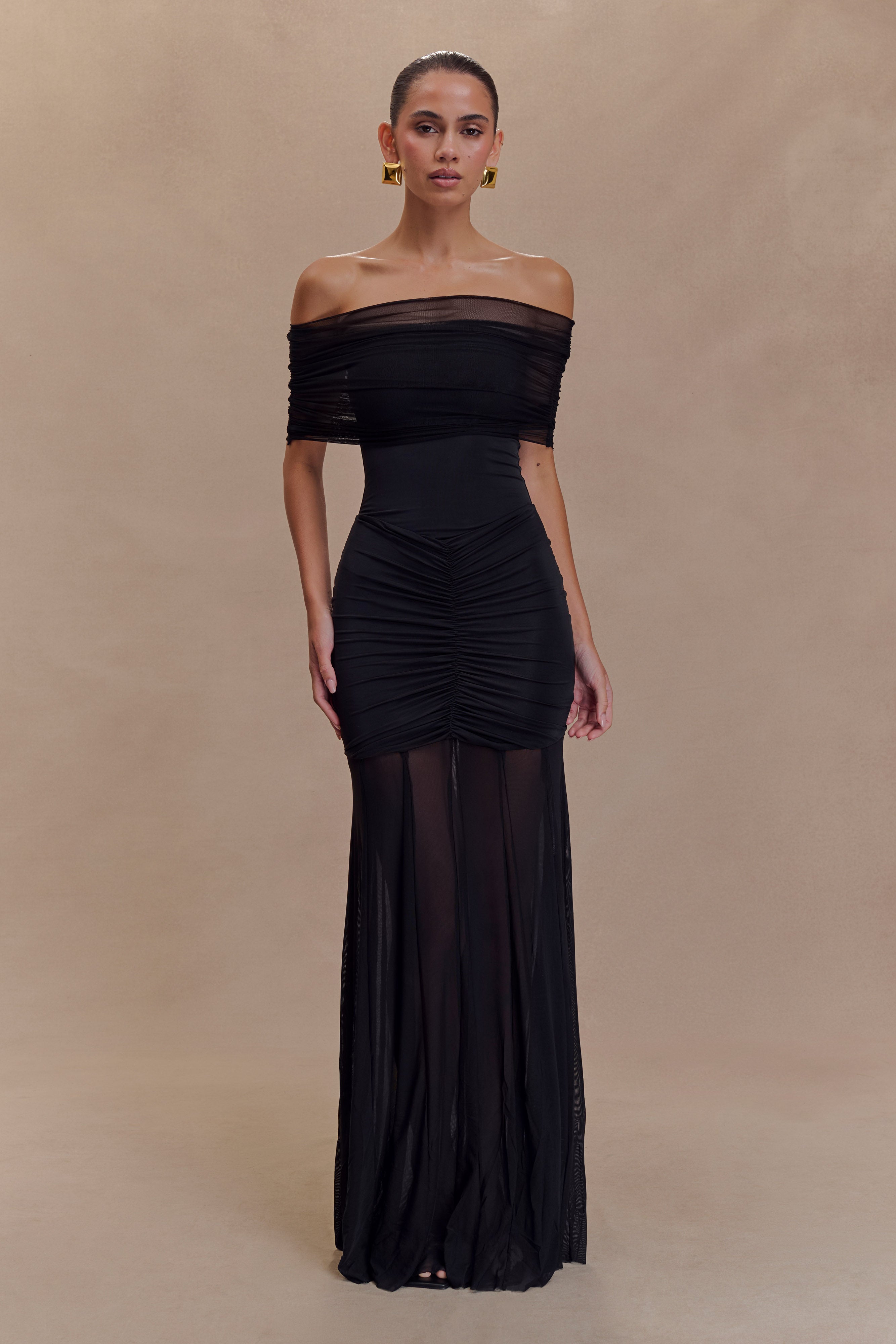 Caspian Slinky And Mesh Off Shoulder Maxi Dress - Black、mySite、solidvoid