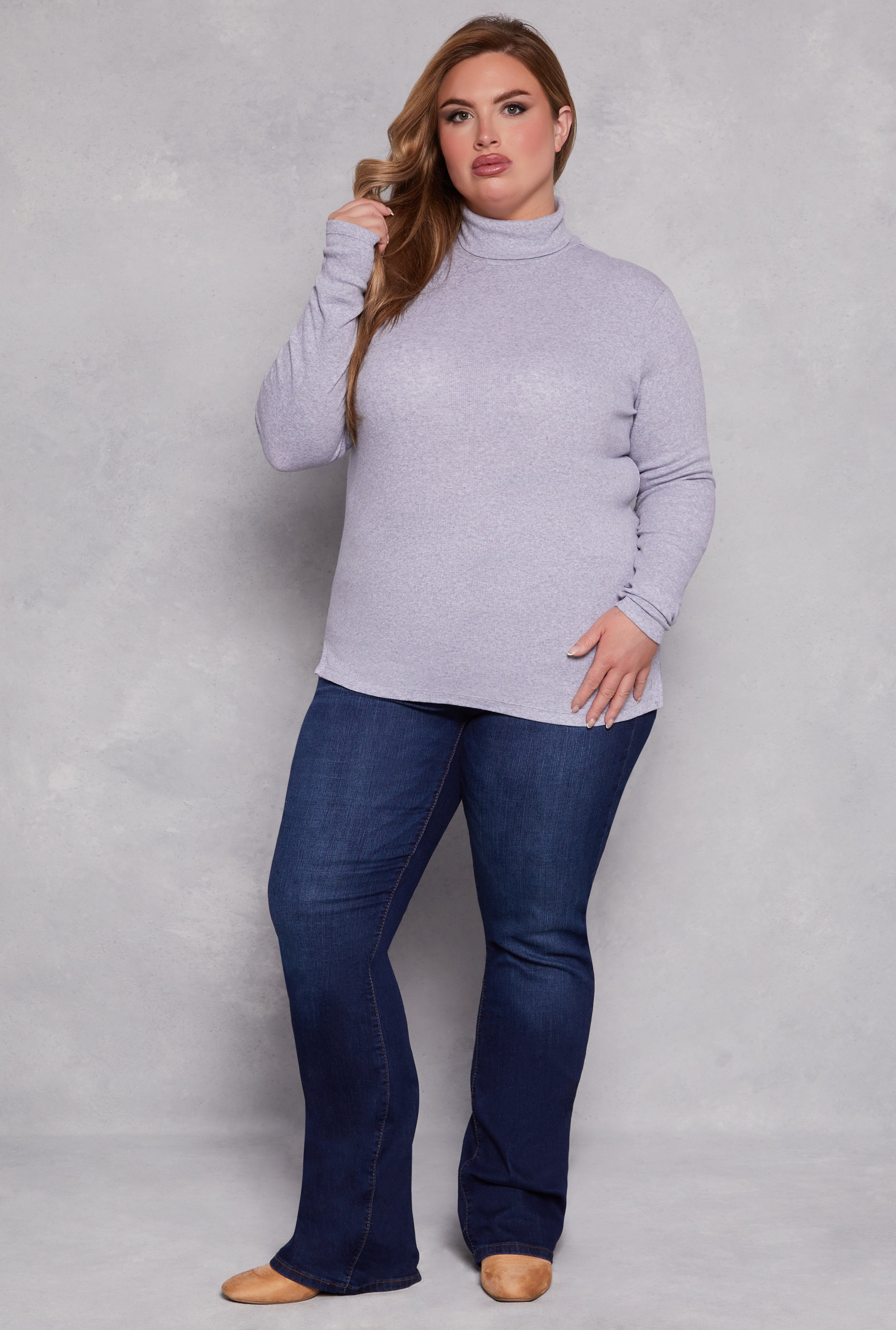 Plus Size Ribbed Knit Long Sleeve Turtleneck Top、mySite、camillekostekn