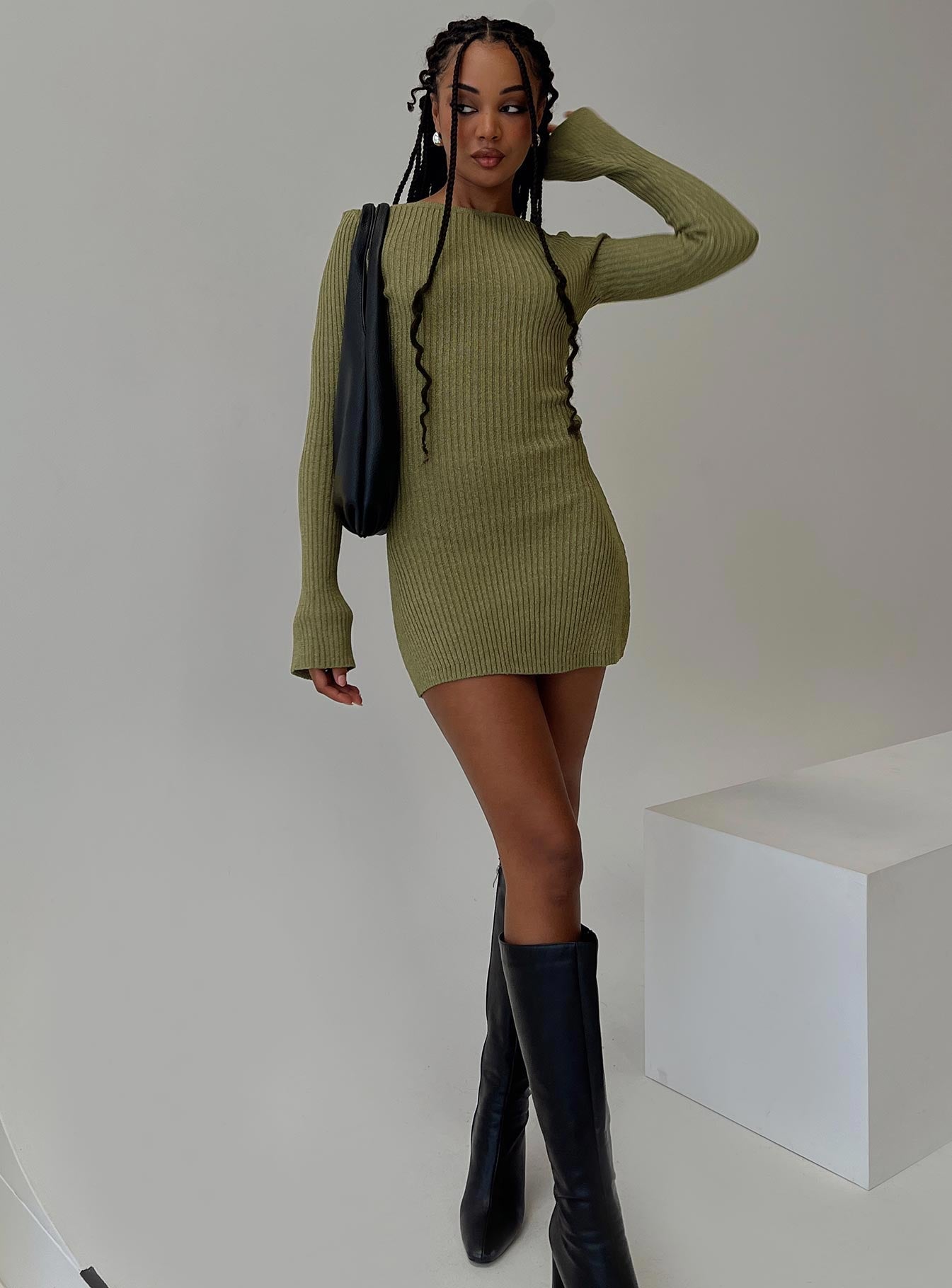 Osment Long Sleeve Knit Mini Dress Olive、mySite、solidvoid