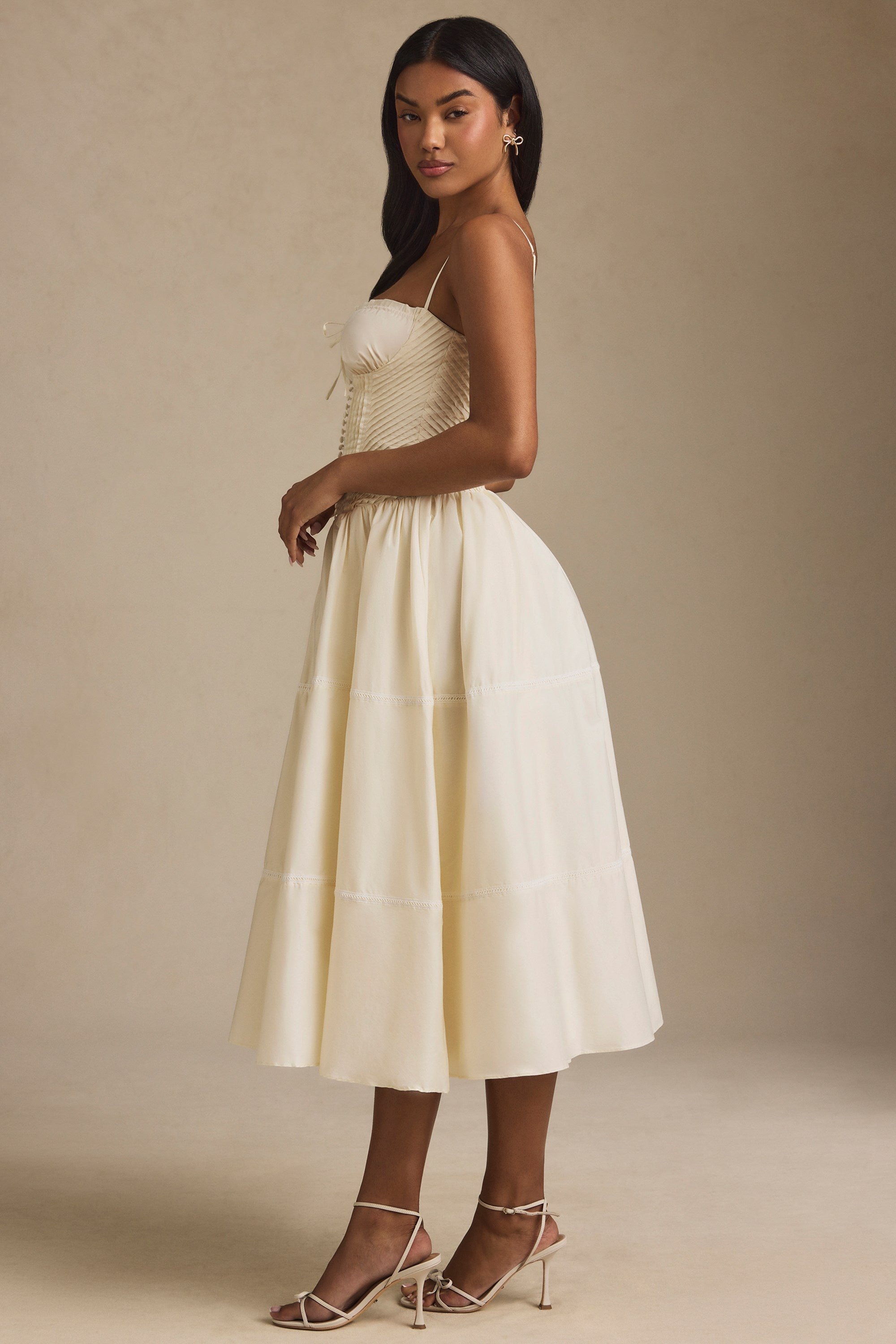 Lace-Trim Pintucked Poplin Midaxi Dress in Ivory、mySite、solidvoid