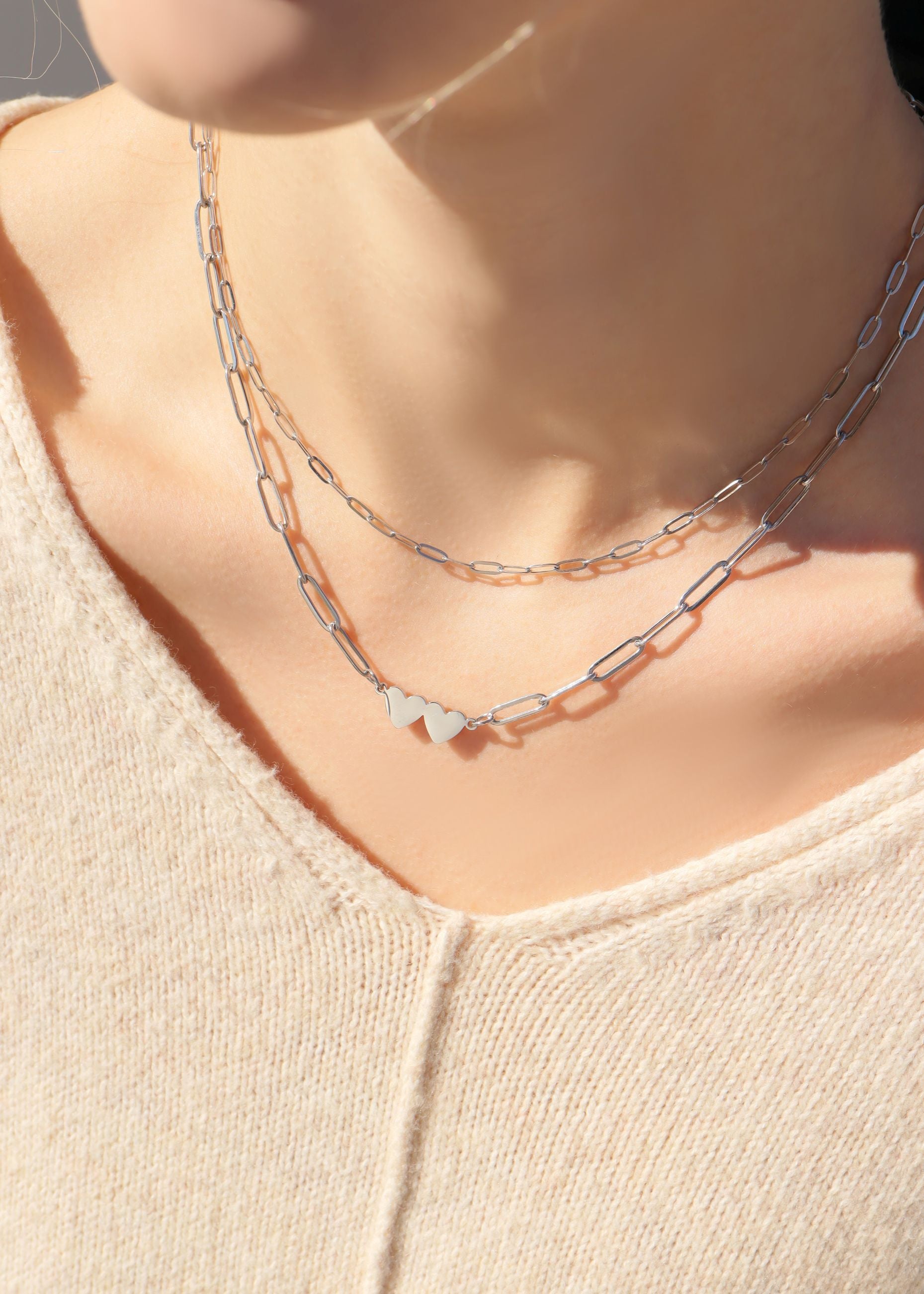 Stainless Steel Engravable 2 Heart Paperclip Necklace / SBB0351、mySite、dreamappss