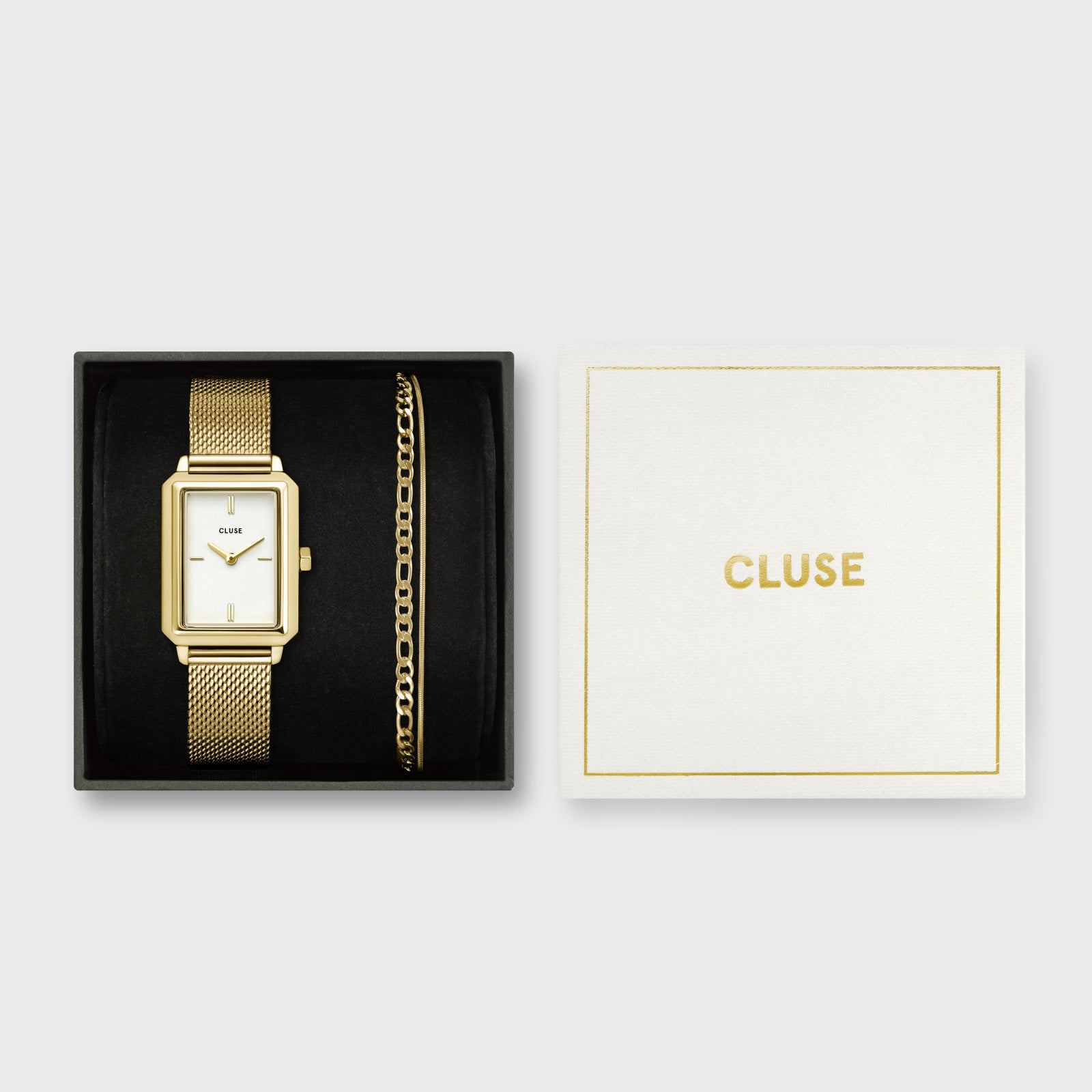 Gift Box Fluette Watch Mesh,White & Double Chain Bracelet, Gold Colour、mySite、botmansion