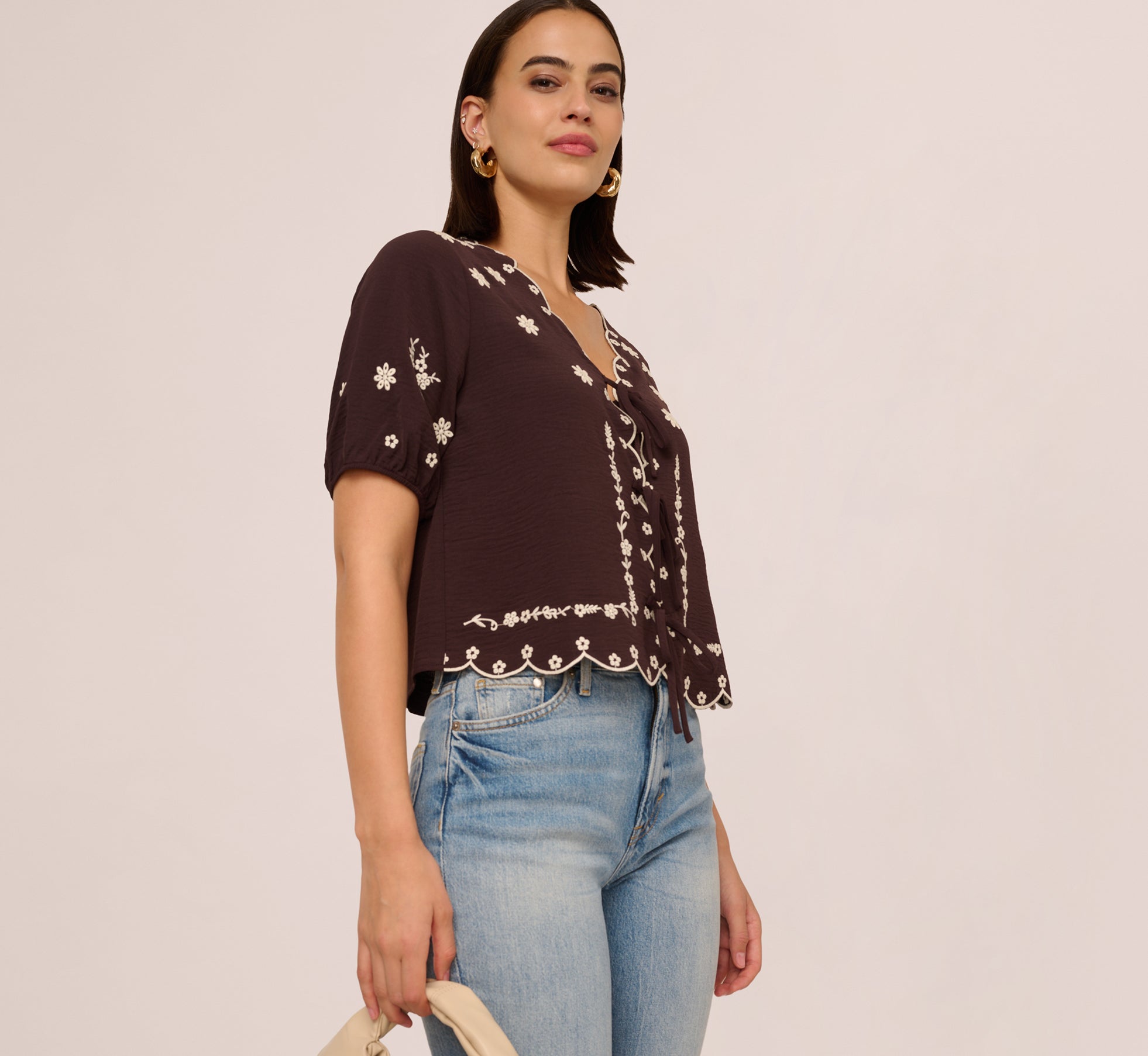 Puff Sleeve Embroidered Tie Front Top In Chocolate Ecru、mySite、solidvoid