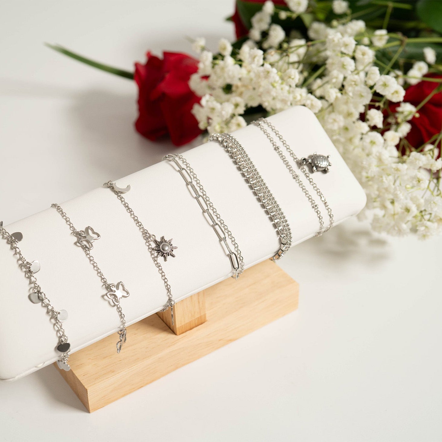 18K Gold PVD Stainless Steel Rhinestone and Shotbead Chain Layered Anklet / SBB0327、mySite、dreamappss