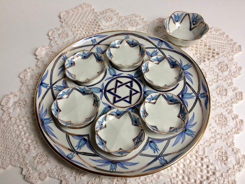 Navy, Turquoise and Gold Floral Porcelain Seder Plate and Salt Bowl、mySite、topwebapps