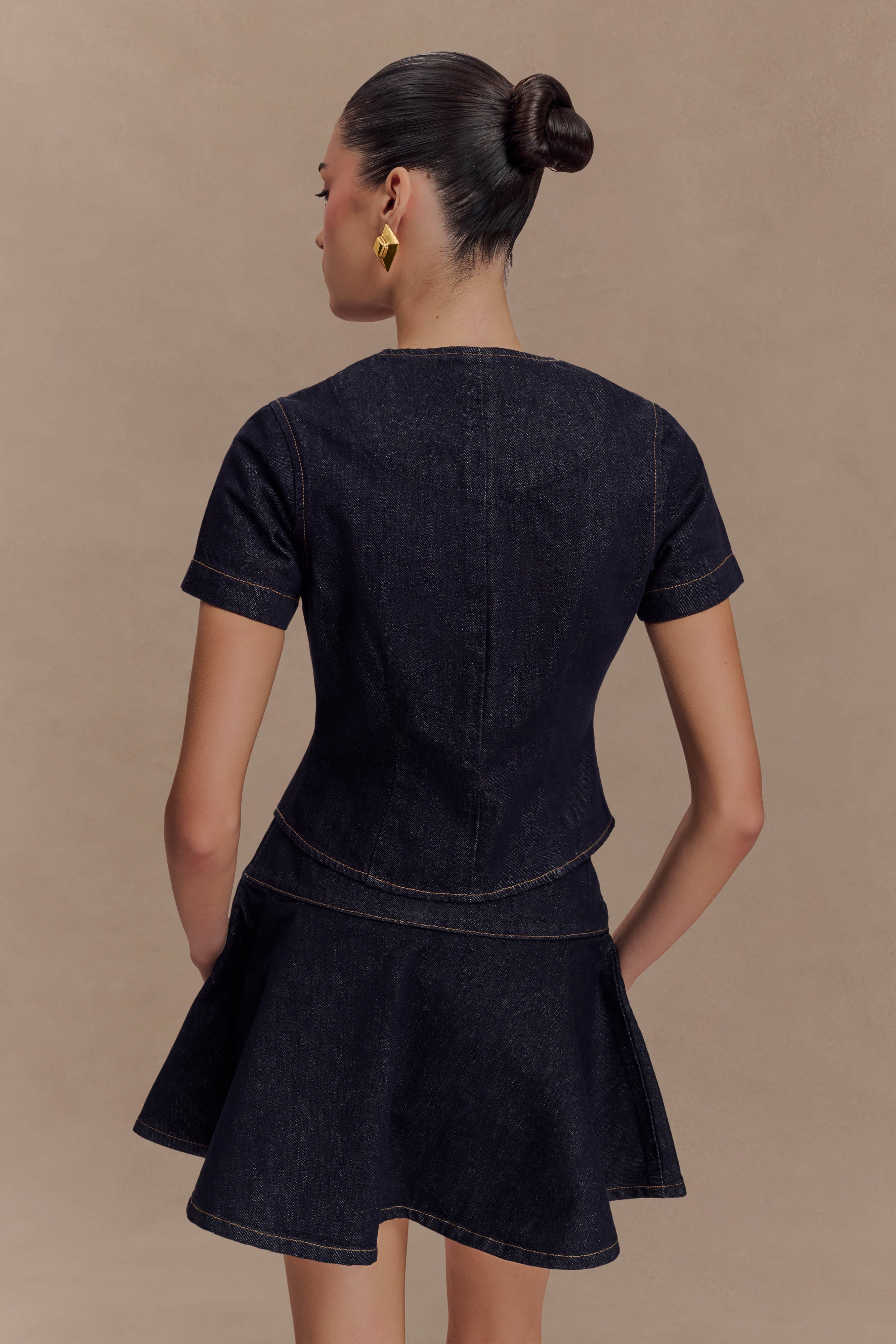 Bethany Short Sleeve Buttoned Denim Top - Washed Indigo Blue、mySite、solidvoid