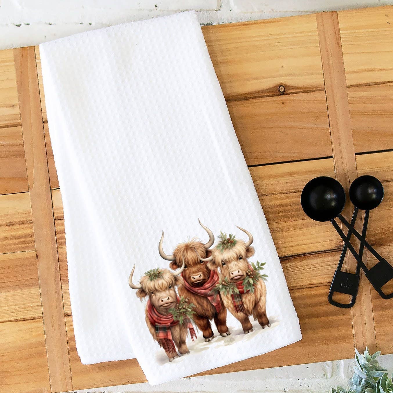 Highland Cow Trio Holiday Waffle Knit Ranch Farmhouse Kitchen Towel、mySite、g9winljtr