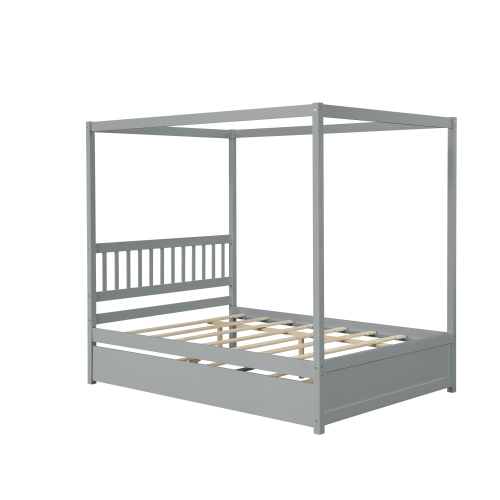 Full Size Canopy Bed with Twin Trundle, Kids Solid Wood Platform Bed Frame w/ Headboard, No Box Spring Needed Grey Color、、xpatfood