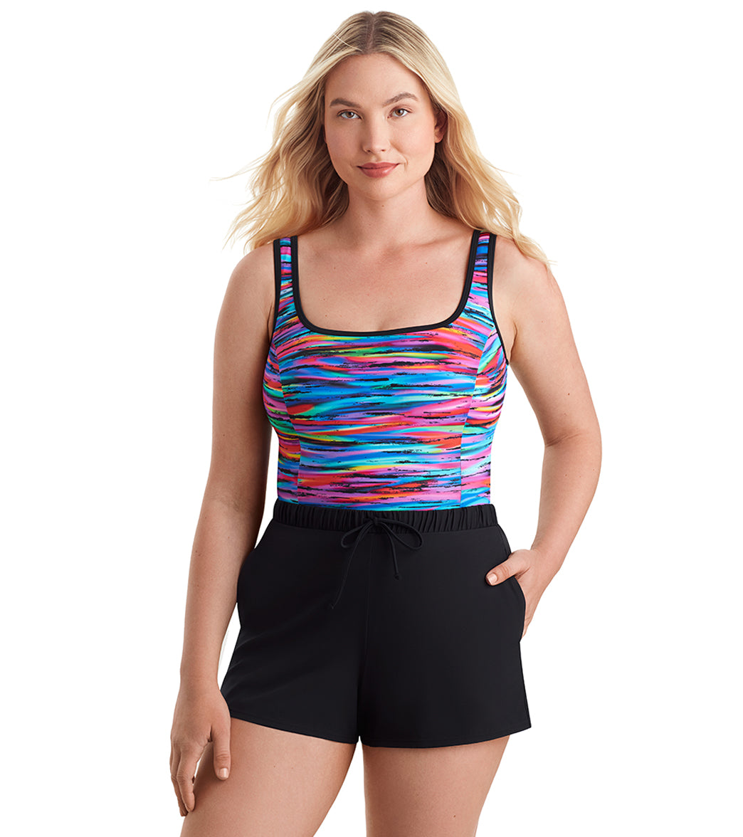 Shape Solver SPORT Women's Tidal Wave Binded Scoopneck Runaround One Piece Swimsuit、mySite、noshort