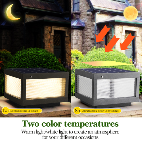 12" Black Solar Powered LED Post Cap Light, Modern Outdoor LED Fence Light for Pathways, Decks, and Patios (2-Pack)、、eastwooduniform
