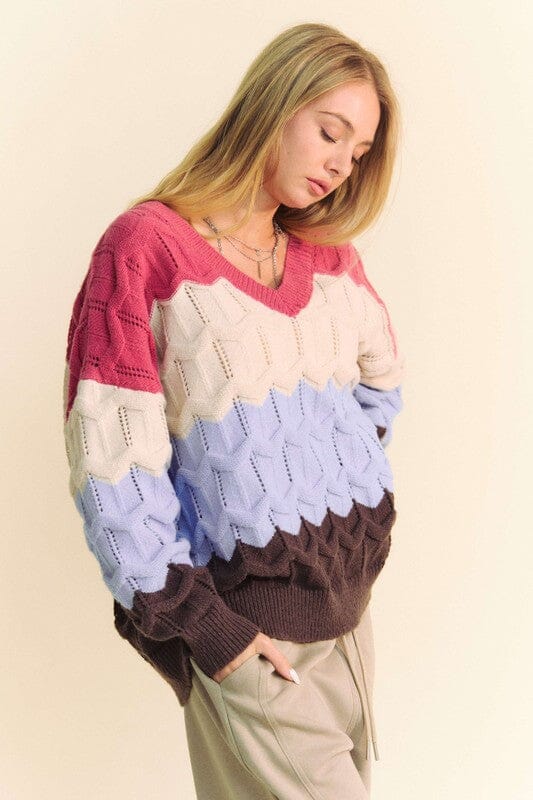 Davi & Dani Wavy Texture Color Block V-Neck Sweater、mySite、camillekostekn