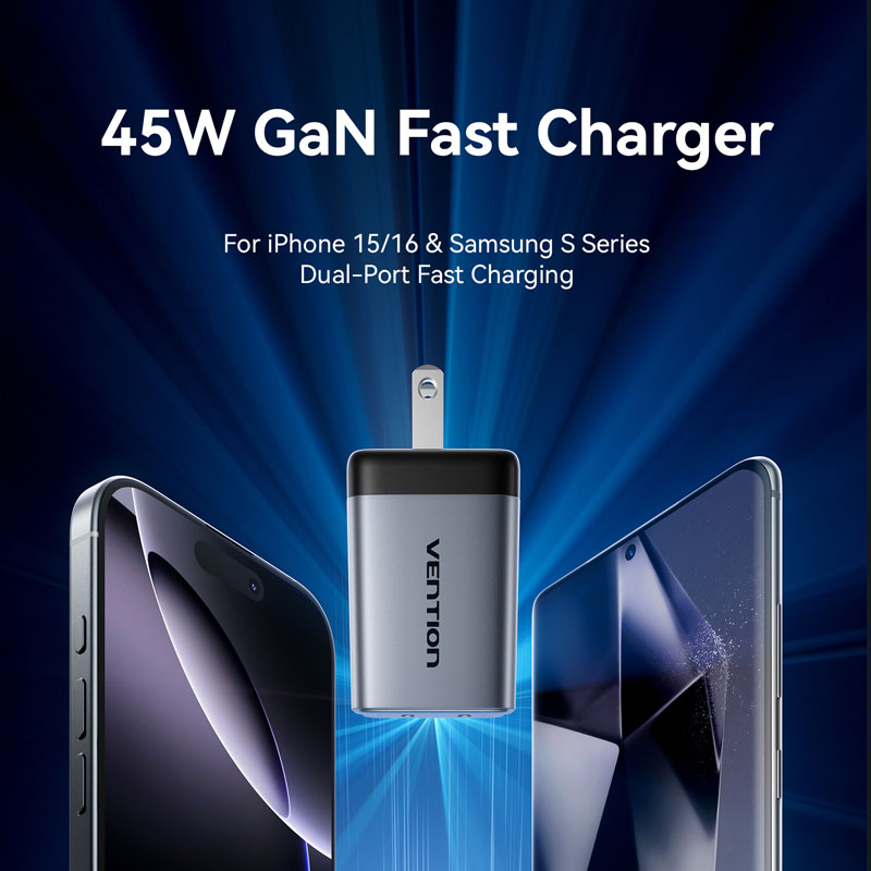 Vention 2-Port USB (C + C) GaN Charger (45W/45W) US-Plug Gray、mySite、fannypackpong