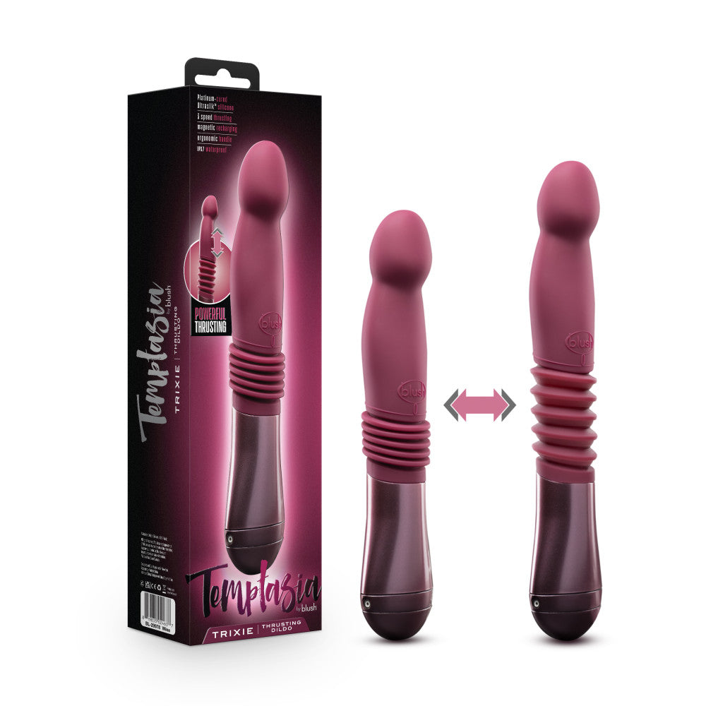 Temptasia By Blush® | Trixie Curved G-Spot Wine 10-Inch Long Thrusting Rechargeable Vibrating Dildo、mySite、bottomscart