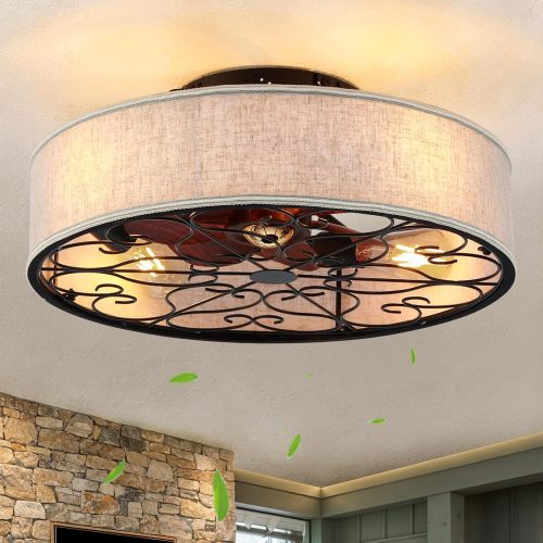 Caged Ceiling Fans with Lights Flush Mount,Low Profile Ceiling Fan with Remote,20 Inch Farmhouse White Ceiling Fan for Bedroom,6 Speeds Reversible Silent Fandalier (Bulb Not Included)、、eastwooduniform