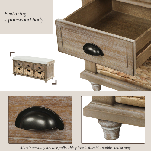 TREXM Rustic Storage Bench with 3 Drawers and 3 Rattan Baskets, Shoe Bench for Living Room, Entryway (White Washed)、、casual