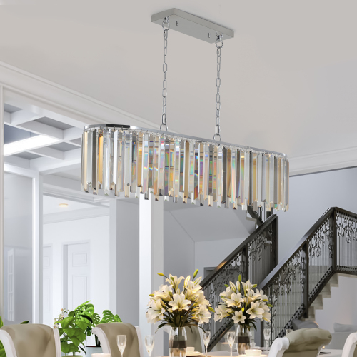 (NEW SKU:W1340P189407) 39" Modern Crystal Rectangle Pendant Chandelier with Chrome Finish – Elegant Light Fixture for Living Room, Dining Room, or Kitchen (Bulb Not Included)、、eastwooduniform