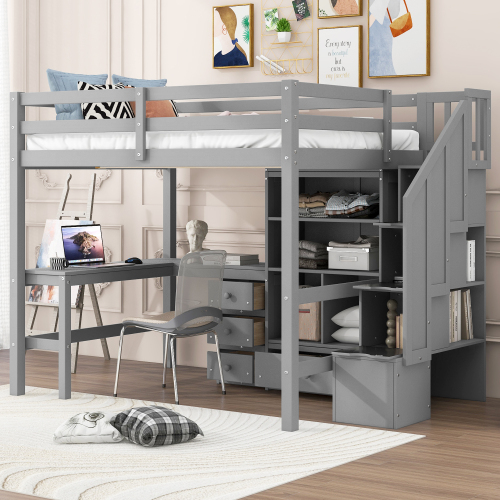 Twin Size Loft Bed with L-Shaped Desk and Drawers, Cabinet and Storage Staircase, White、、casual