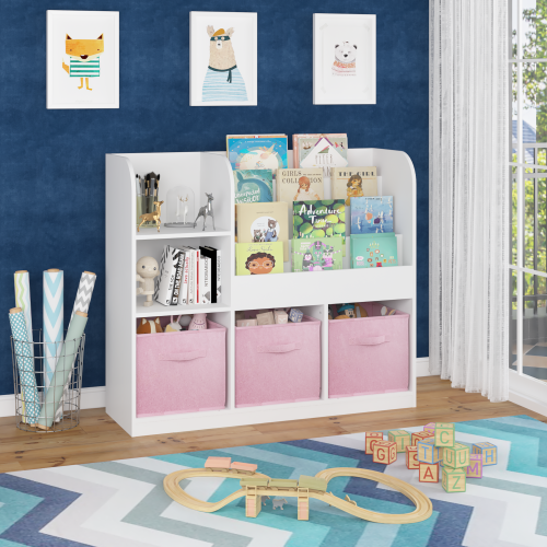 Kids Bookcase and Bookshelf, Multifunctional Bookcase with 3 Collapsible Fabric Drawers, Bookcase Display Stand, Toy Storage Organizer for Bedroom, Playroom, Hallway (White/Pink)、、casual