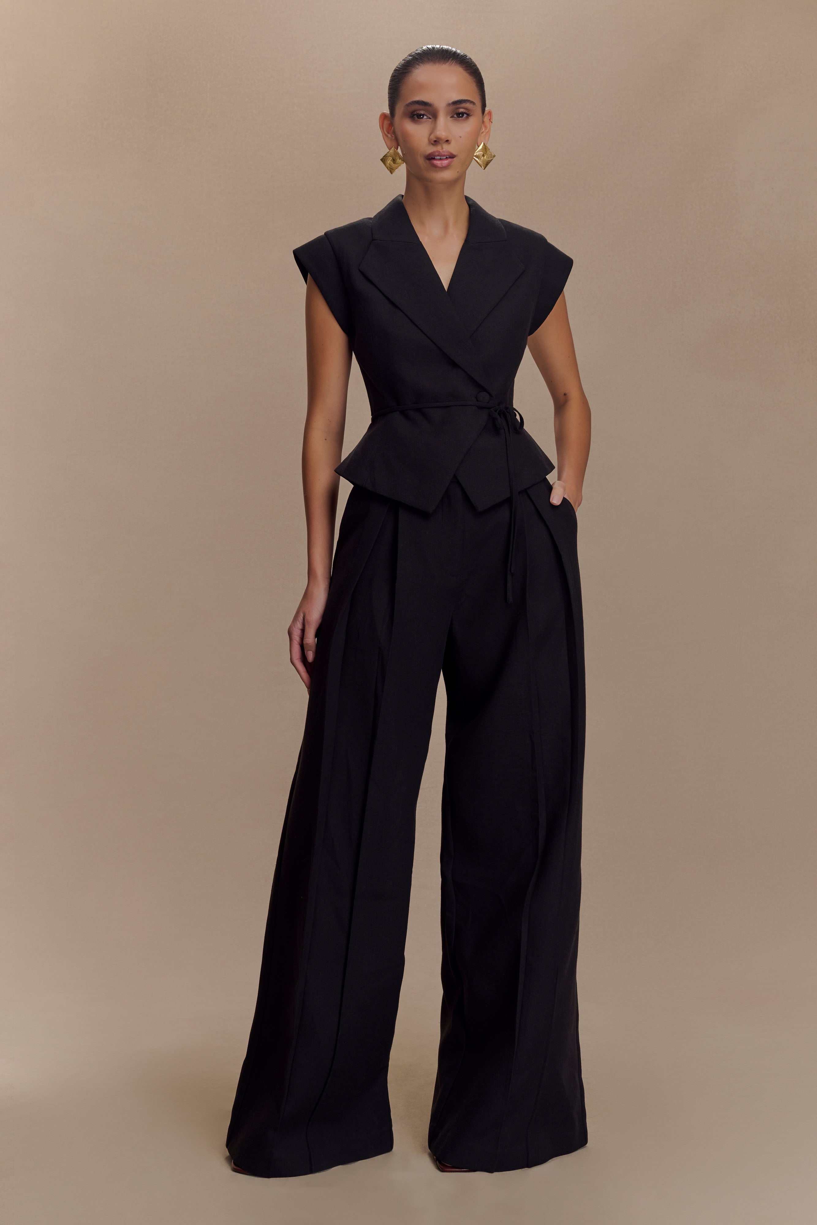 Raya Mid Rise Wide Leg Linen Pant - Black、mySite、solidvoid