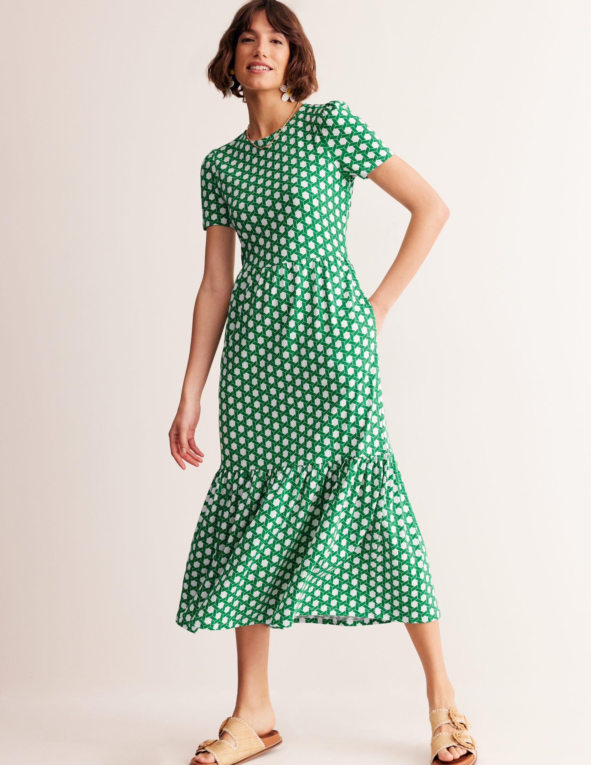  Emma Tiered Jersey Midi Dress-Green, Honeycomb Geo、mySite、ashleygrahame