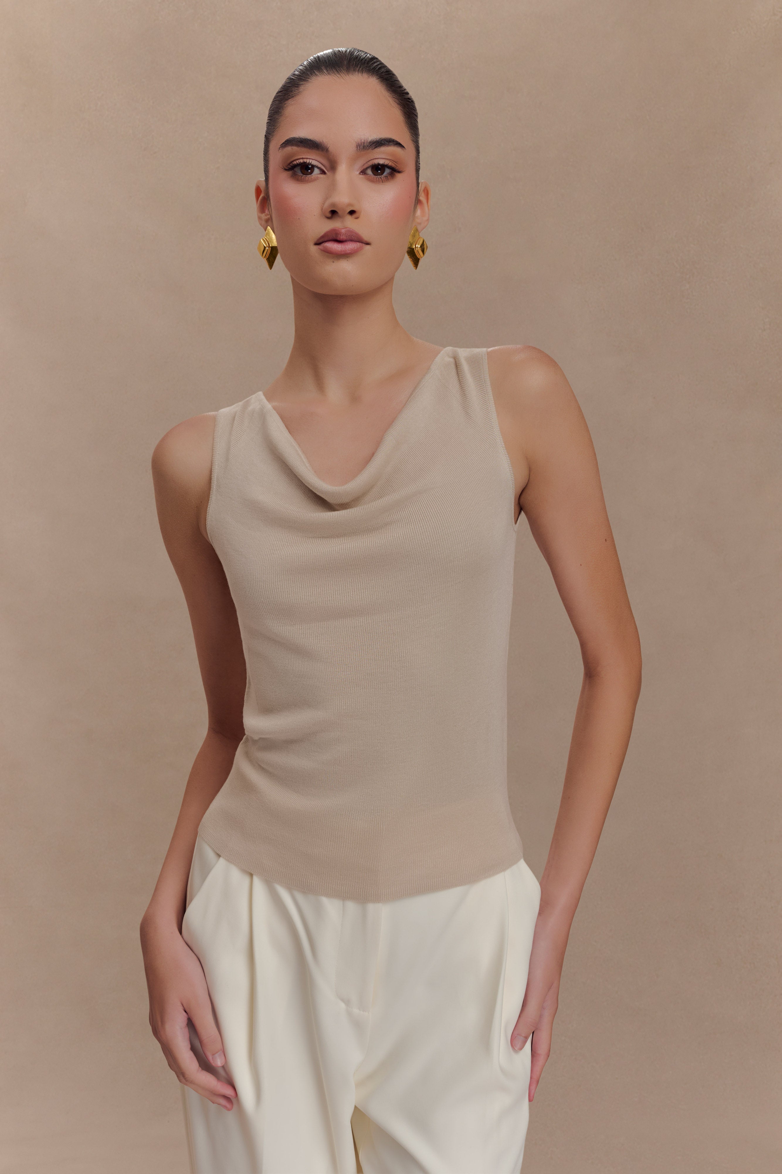 Brenda Draped Front Knit Top - Stone、mySite、solidvoid