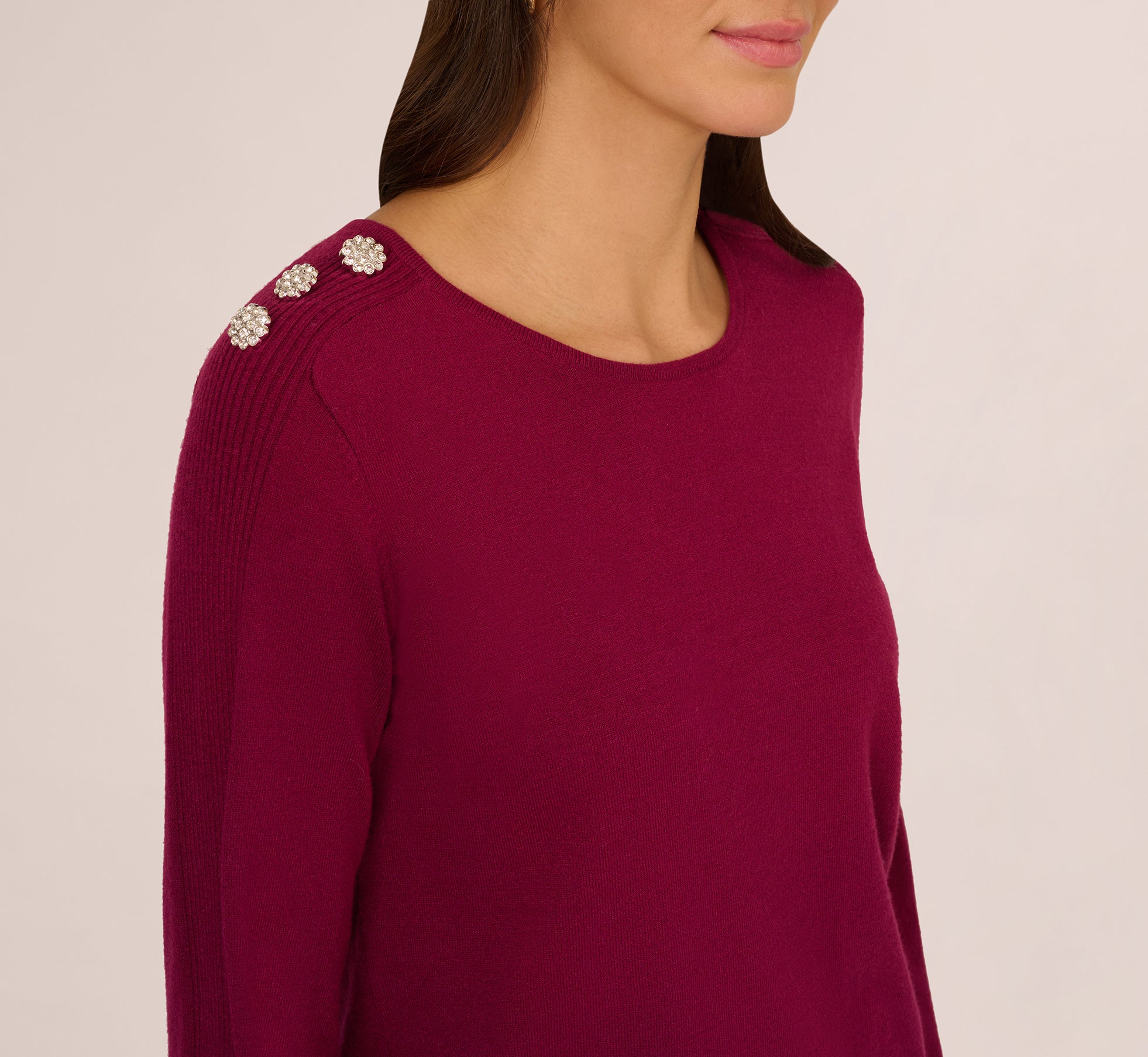 Ribbed Detail Embellished Pullover Sweater In Wine Berry、mySite、solidvoid