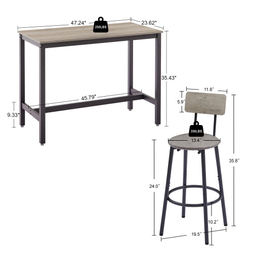 Bar Table Set with 4 Bar stools PU Soft seat with backrest, Grey, 47.24'' L x 23.62'' W x 35.43'' H、、casual