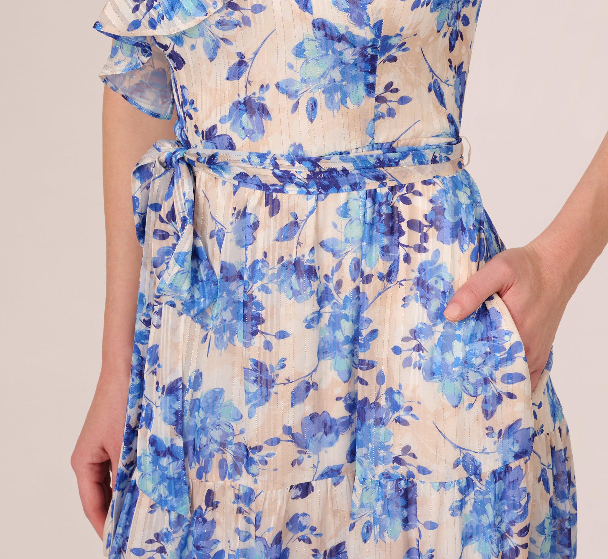 One Shoulder Metallic Stripe Floral Maxi Dress In Champagne Blue Multi、mySite、solidvoid