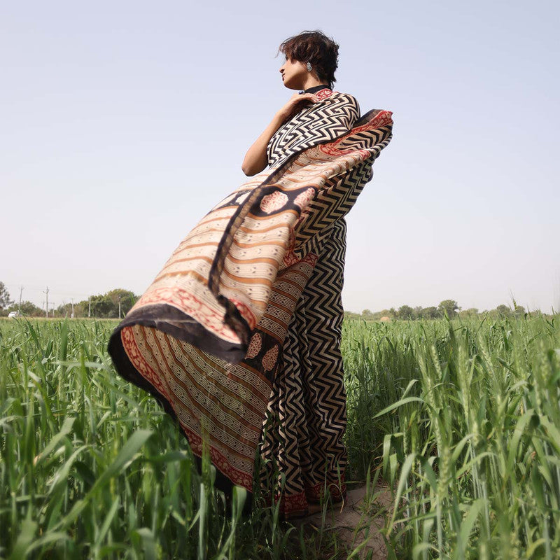 Chanderi Bagru Printed Saree | Beige & Black、mySite、camillekostekn