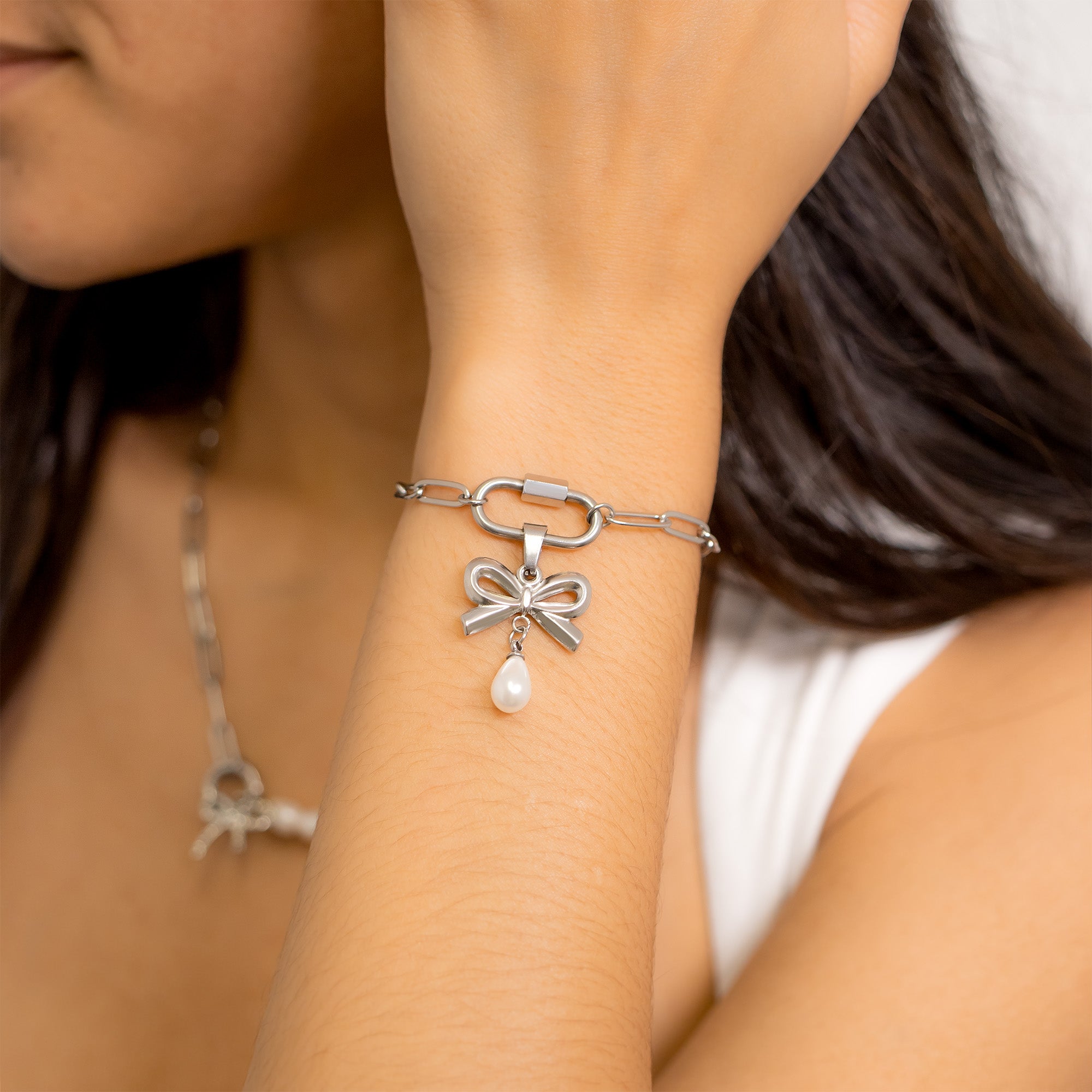 18K Gold PVD Stainless Steel Freshwater Pearl Bow Charm / PDL0291、mySite、dreamappss