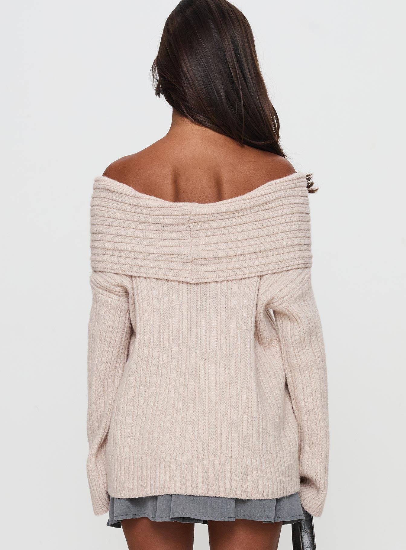 Mirrelle Off Shoulder Knit Sweater Beige、mySite、solidvoid