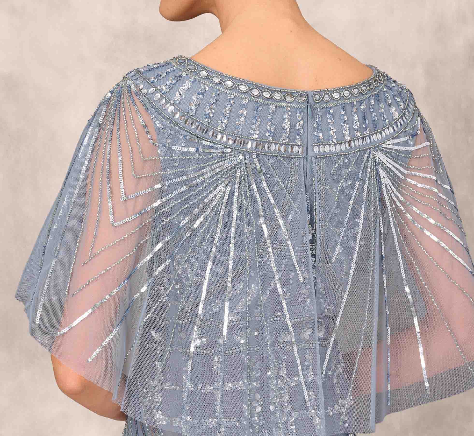 Beaded Ball Gown With Cape Sleeves In Vintage Blue、mySite、solidvoid