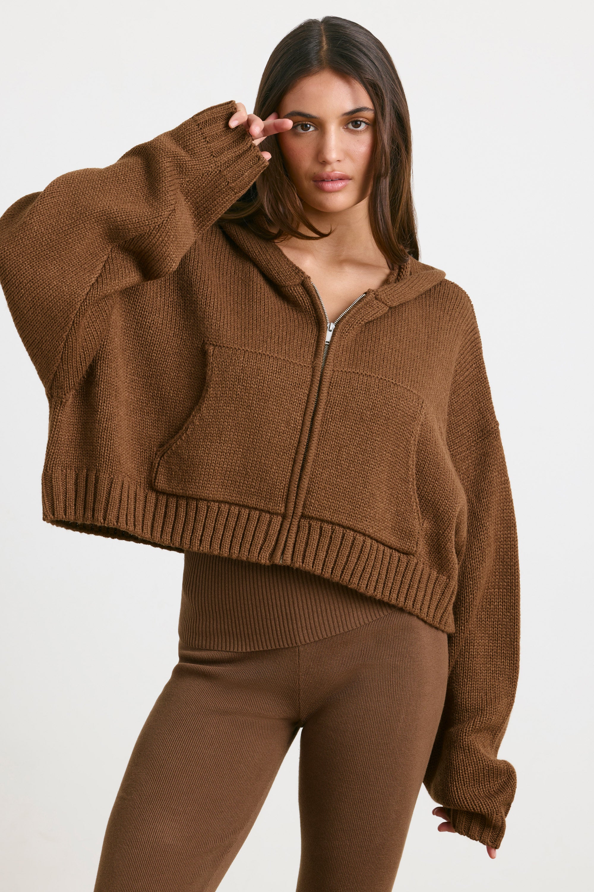 Cropped Zip Up Chunky Knit Hoodie in Espresso、mySite、solidvoid
