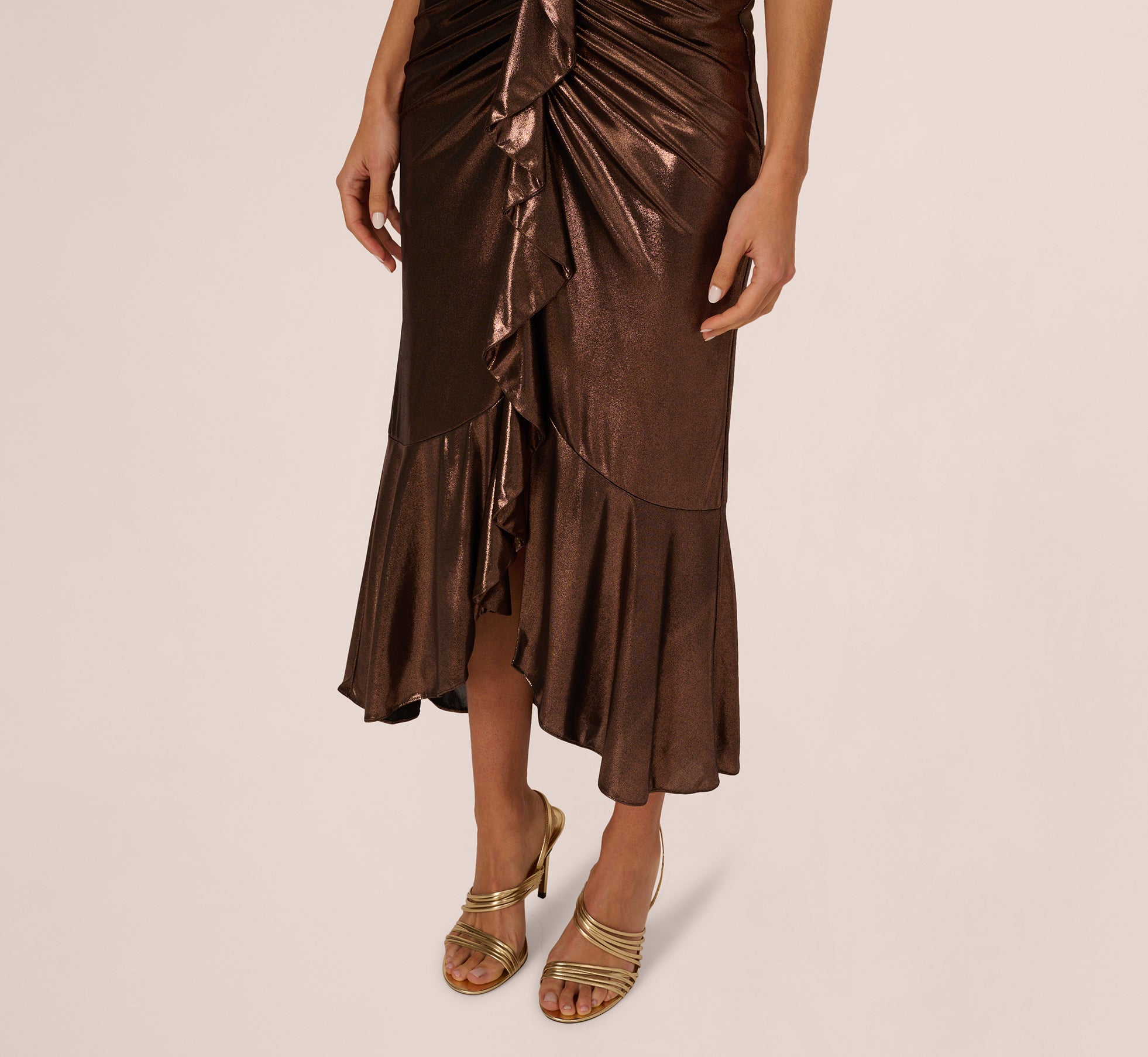 Foil Ruched Ruffle Halter Midi Dress In Cinnamon、mySite、solidvoid