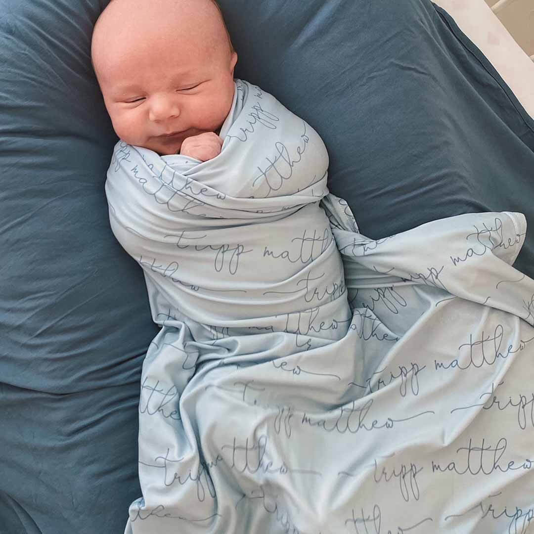  Personalized Light Dusty Blue Baby Name Swaddle Blanket - Script、mySite、layawaytickets