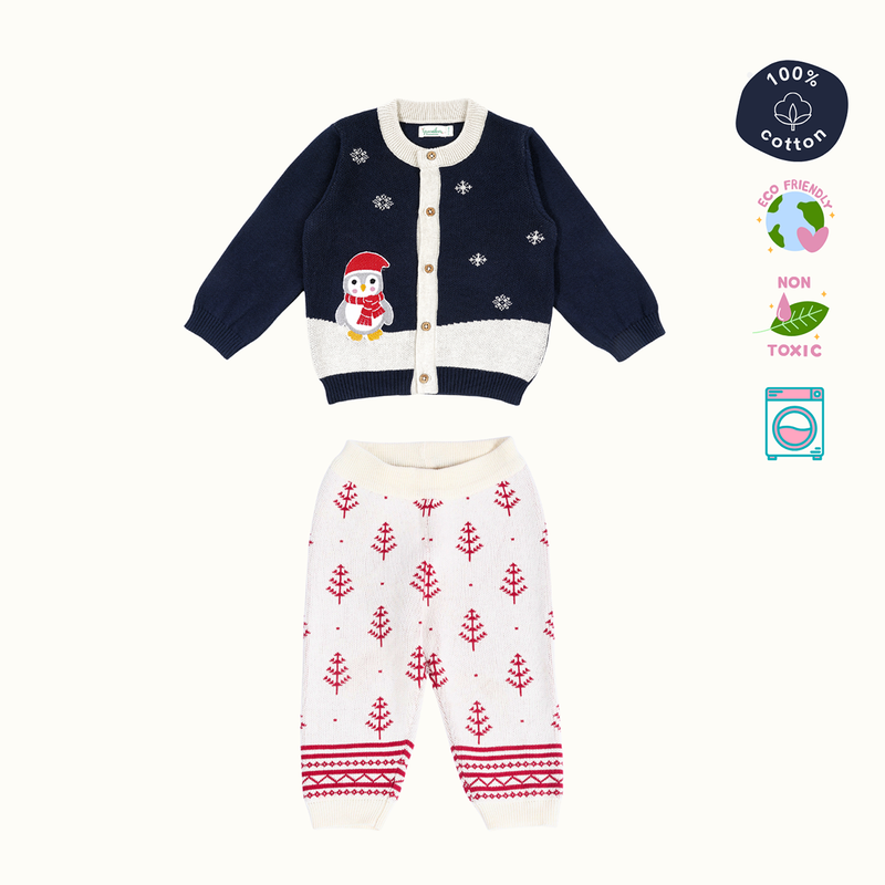 Cotton Jacquard Sweater & Lower Set | Penguine Printed | Navy Blue & Pink | Set of 2、mySite、camillekostekn