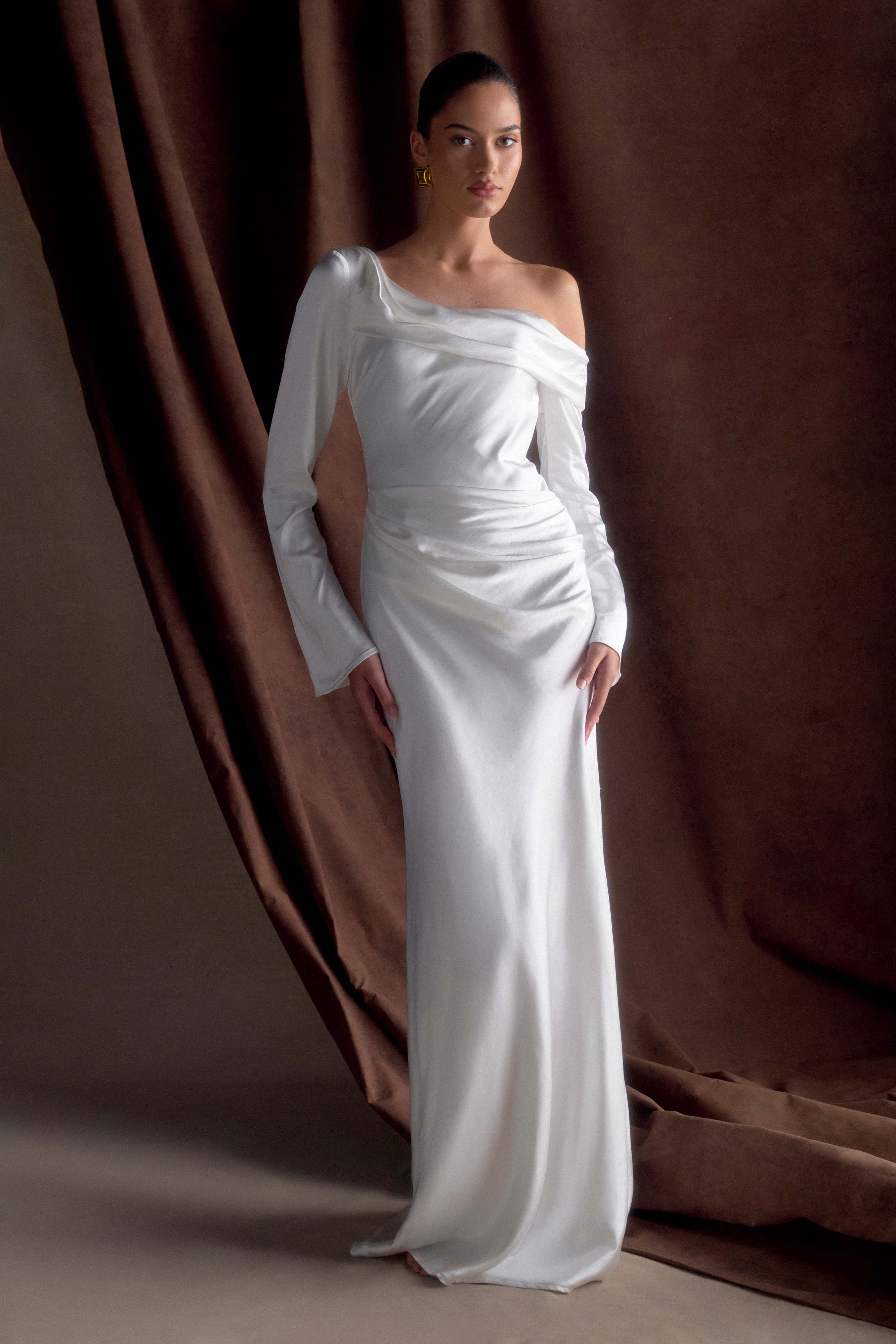 Iris Long Sleeve Satin Maxi Dress - White、mySite、solidvoid