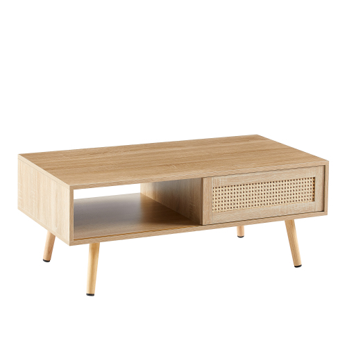 41.34" Rattan Coffee table, sliding door for storage, solid wood legs, Modern table for living room , natural、、casual