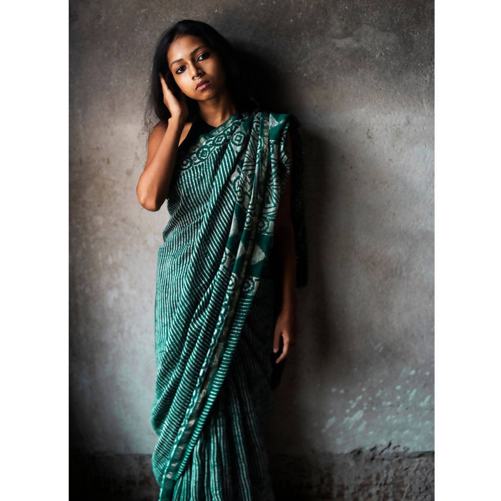 Natural Dyed Dabu Printed Chanderi Saree | Green、mySite、camillekostekn
