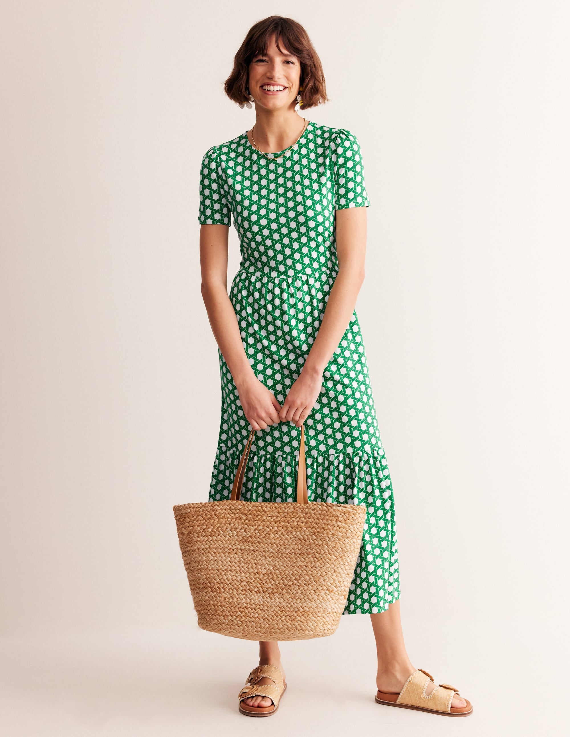  Emma Tiered Jersey Midi Dress-Green, Honeycomb Geo、mySite、ashleygrahame