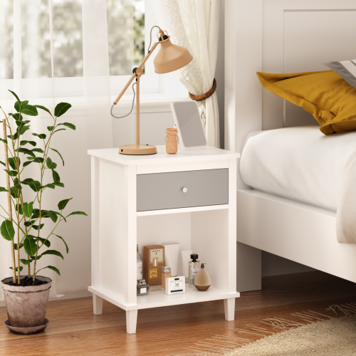 26.77''H Wooden Nightstand with One Drawer One Shelf for Kids, Adults, White+Golden handle、、casual