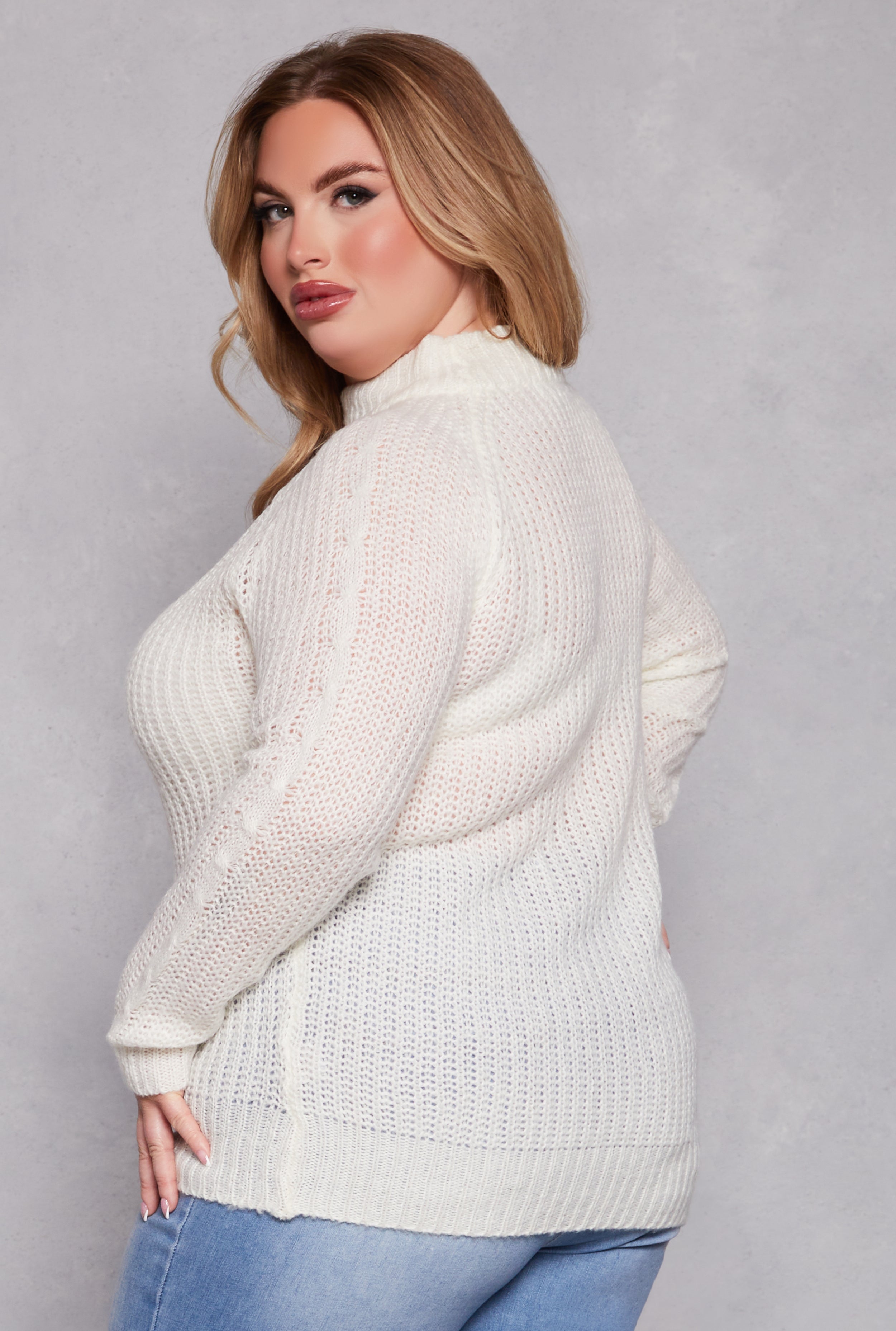 Plus Size Cable Knit Shaker Sweater、mySite、camillekostekn