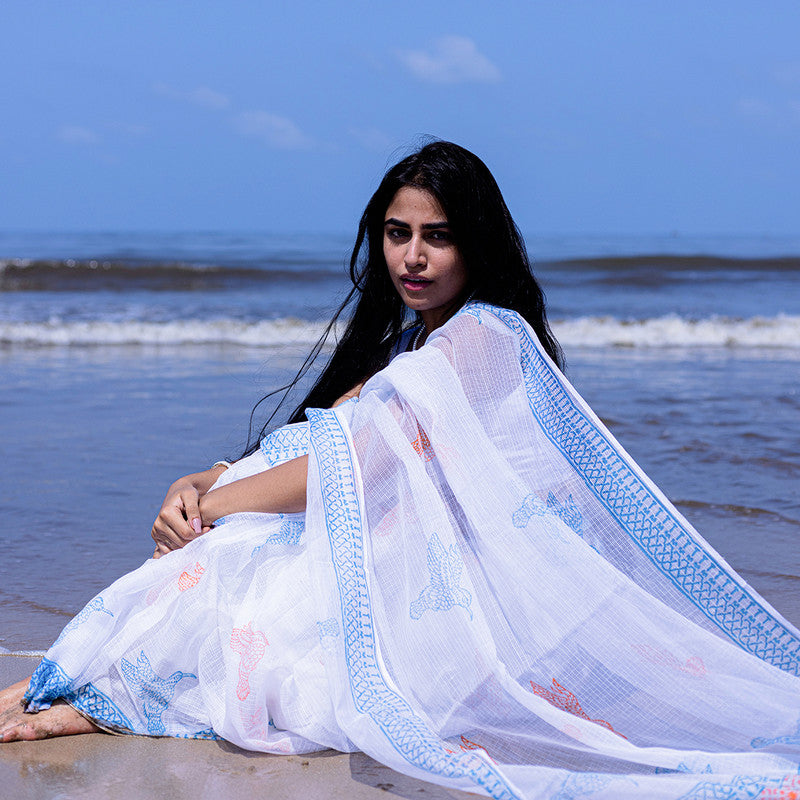 Kota Handblock Printed Saree | Orange & Blue、mySite、camillekostekn