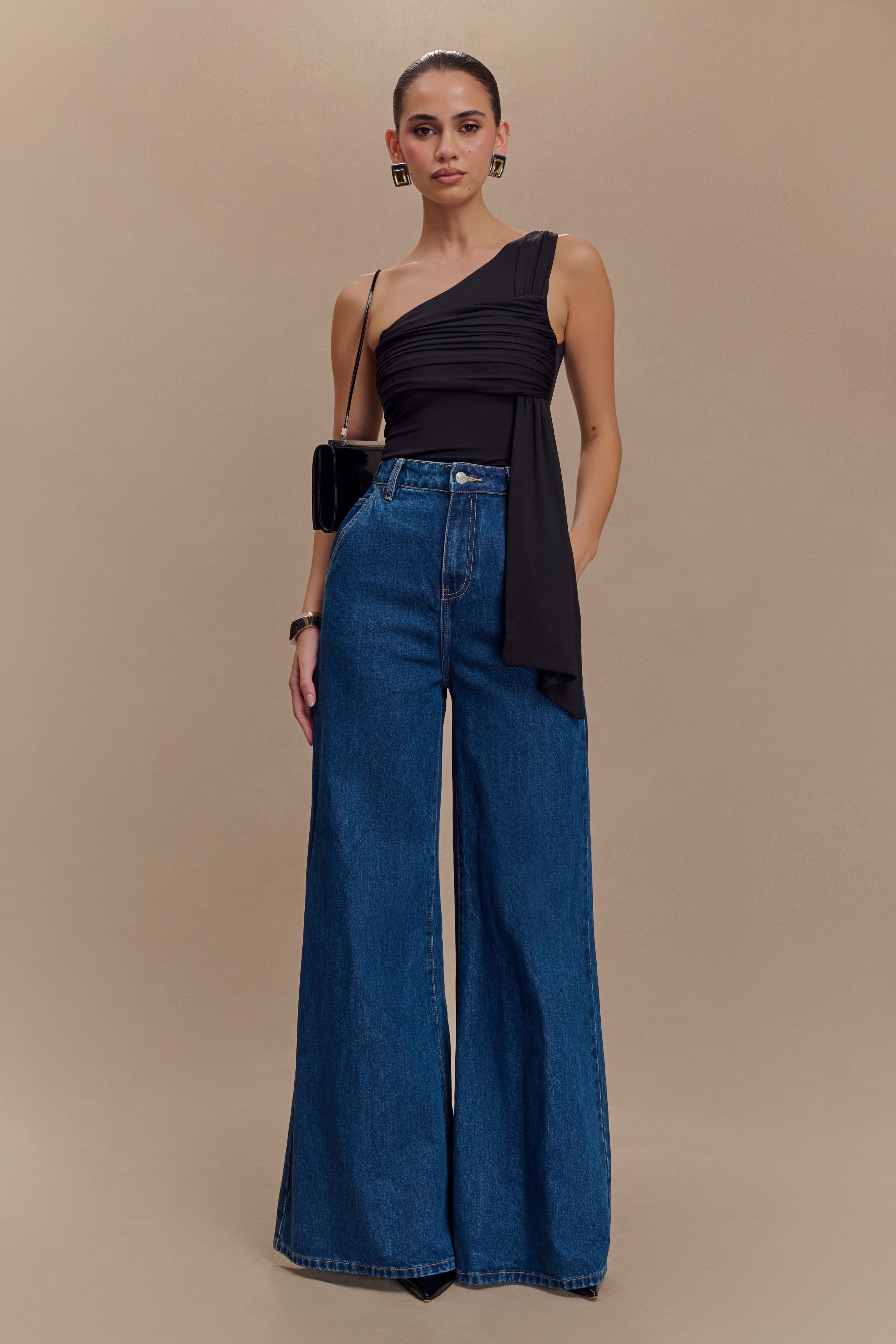 Sera One Shoulder Recycled Nylon Top With Drape - Black、mySite、solidvoid