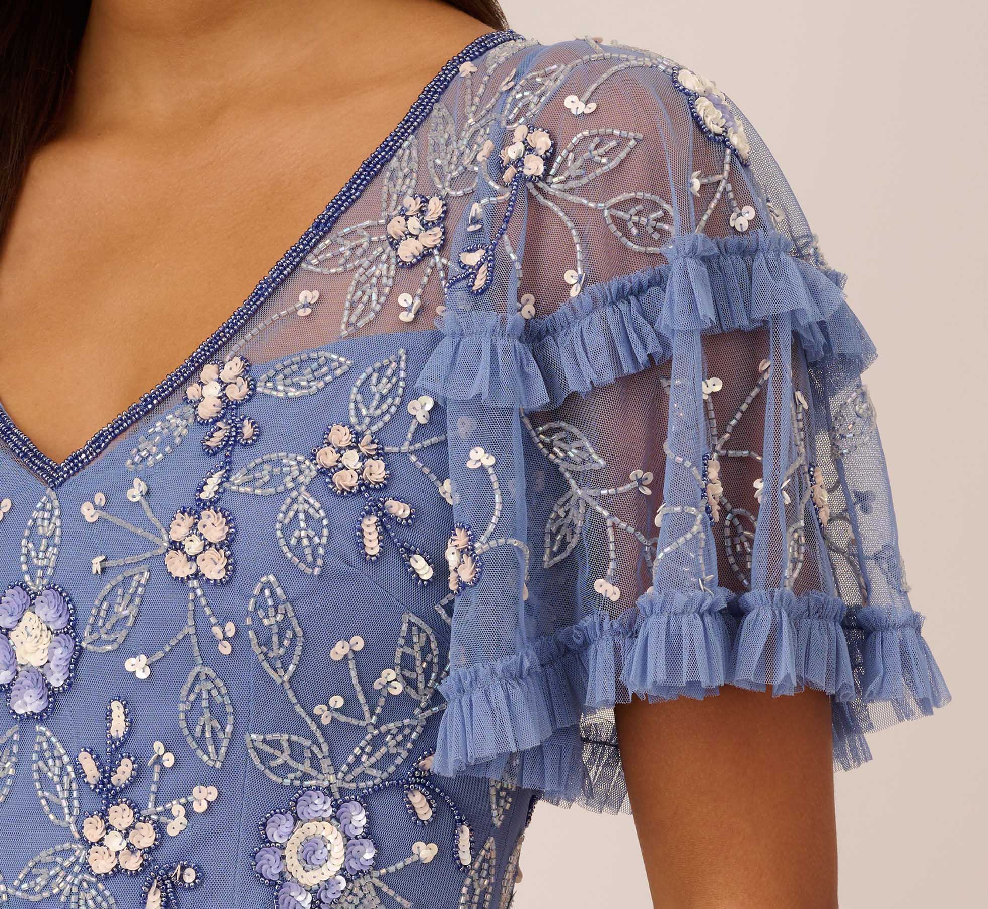 Beaded Midi Dress With Sheer Ruffled Sleeves In French Blue、mySite、solidvoid