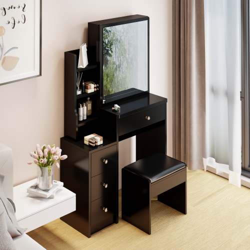 29.2" Small Size Left Bedside Cabinet Vanity Table + Cushioned Stool, Large Sliding, Touch Control, Tri-color Switching, Brightness Adjust LED Mirror, High Capacity Storage, Suitable for Small Space、、xpatfood