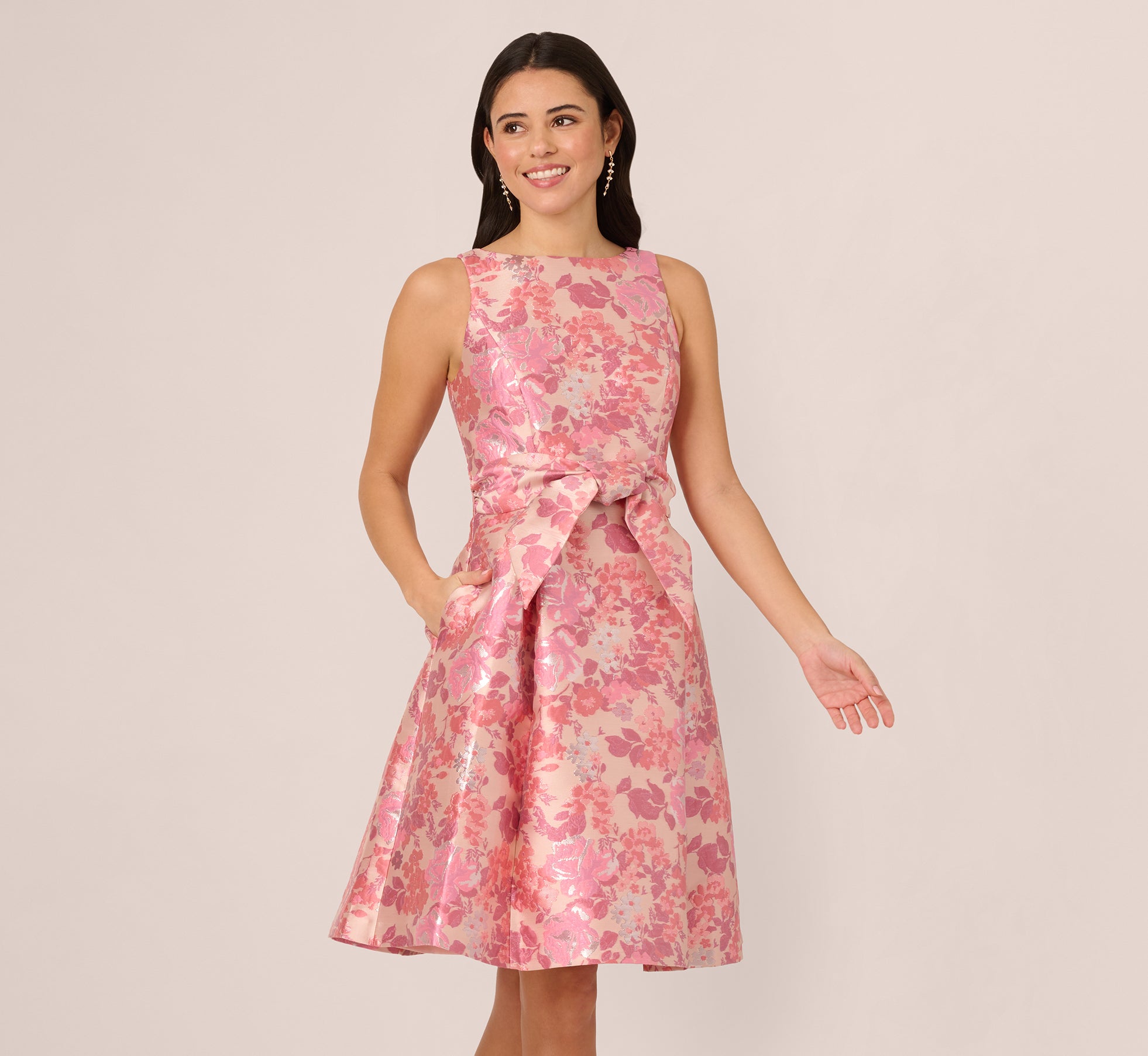 Sleeveless Floral Jacquard Fit And Flare Dress In Pink Multi、mySite、solidvoid
