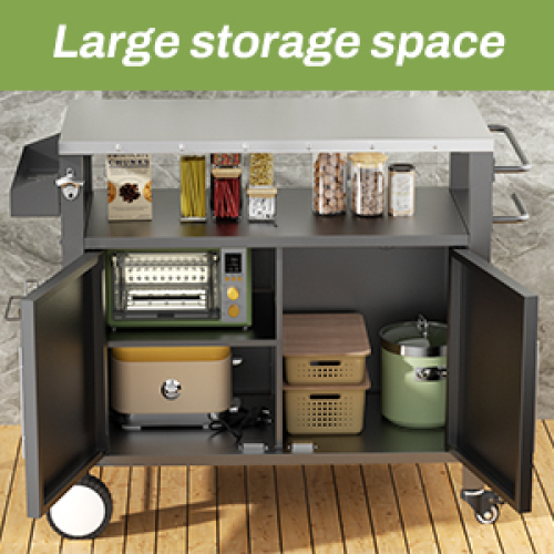 Two Doors Outdoor Grill Cart with Patio Furniture, Outdoor Grill Table with Storage,Rolling Bar Cart Outdoor BBQ Cart with Hooks and Spice Rack for Grilling Accessories, Black、、eastwooduniform