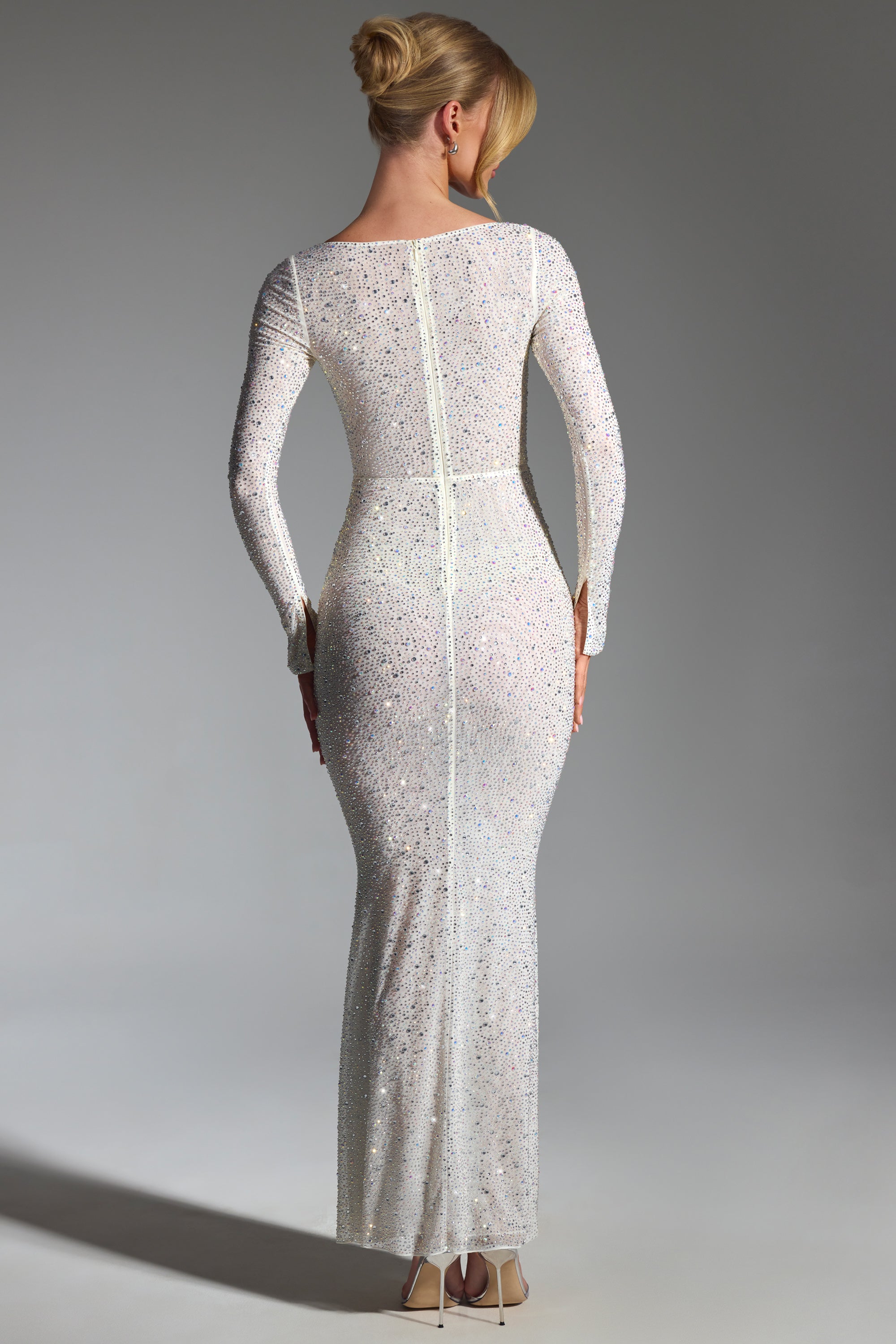 Embellished Fishtail Maxi Dress in White、mySite、solidvoid